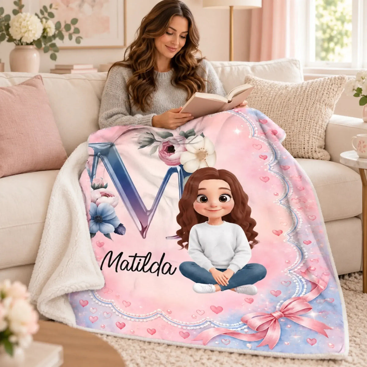 Pink floral monogram girl blanket draped over a reader on a sofa