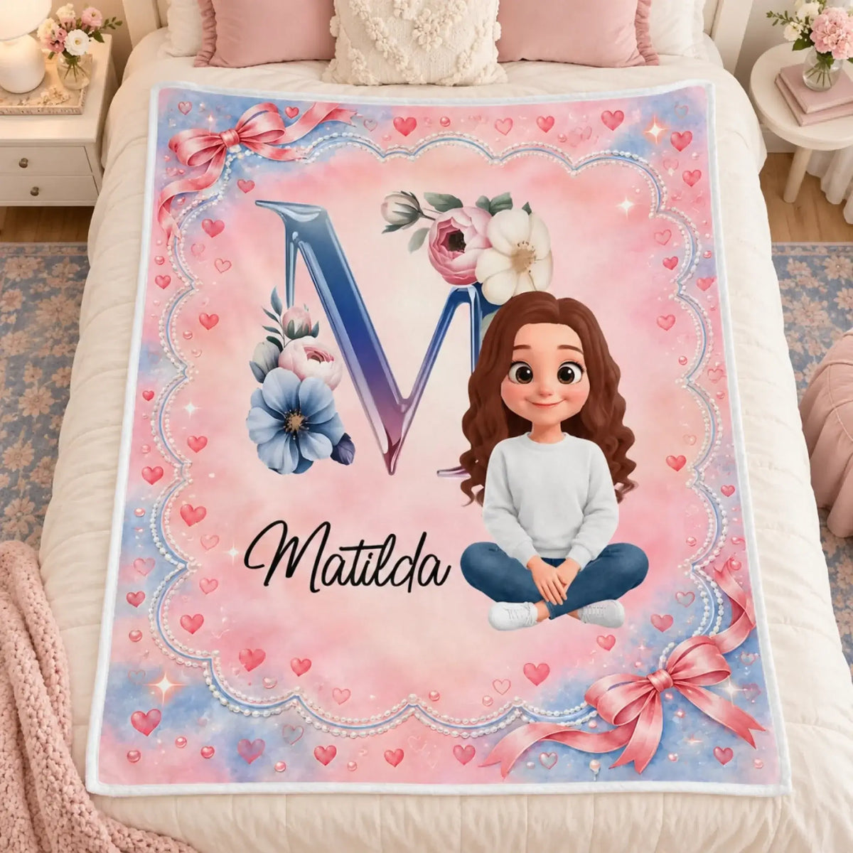 Pink floral monogram girl blanket displayed across a bed