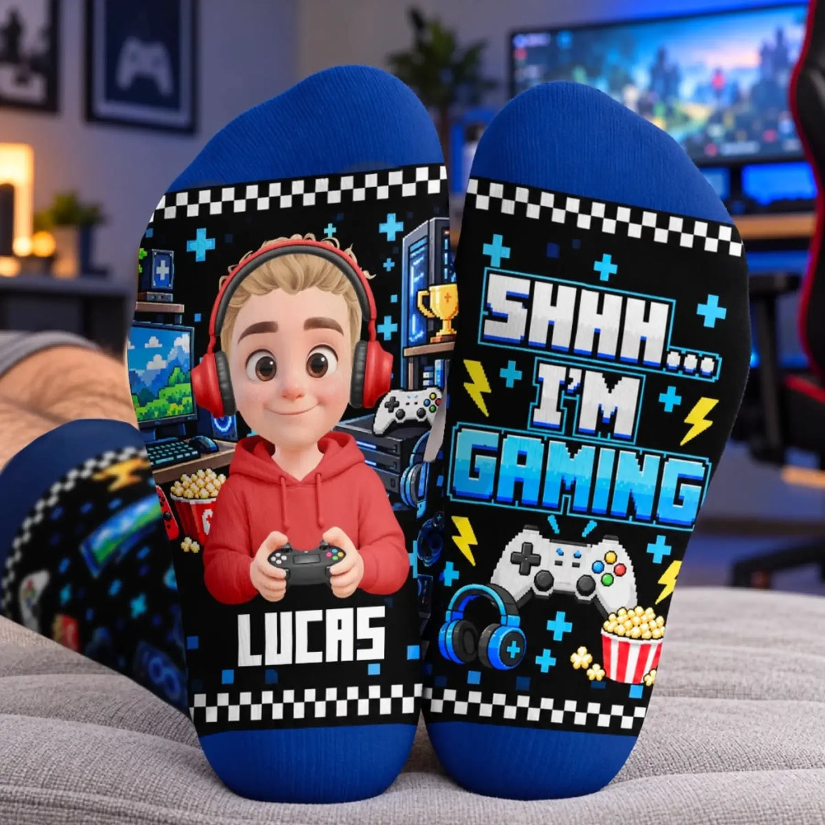 Personalized gamer name crew socks showing the example name Lucas and Shhh, I'm Gaming text