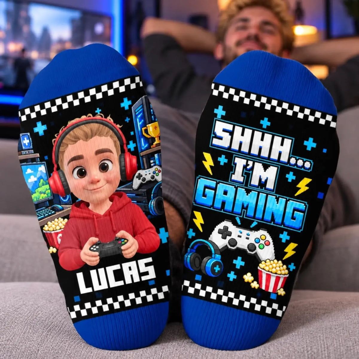Gamer name crew socks shown during a gaming session