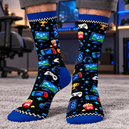 Blue and black gamer crew socks showing the all-over gaming icon pattern