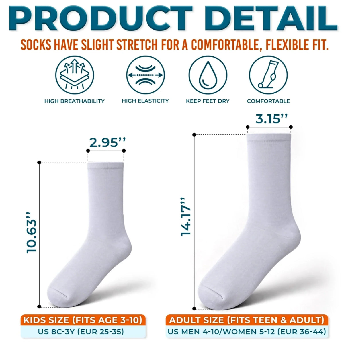 Supplier crew sock size chart: kids US 8C–3Y, EU 25–35; adults US men 4–10, women 5–12, EU 36–44