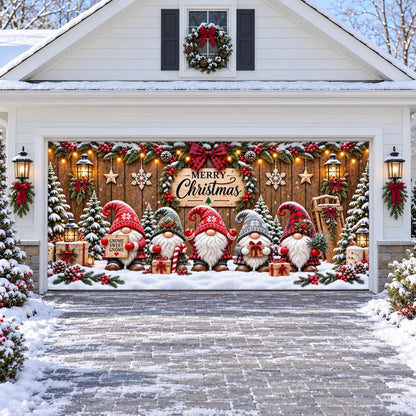 Gnome Sweet Gnome Christmas garage door cover with five gnomes on a double door, daytime exterior view.