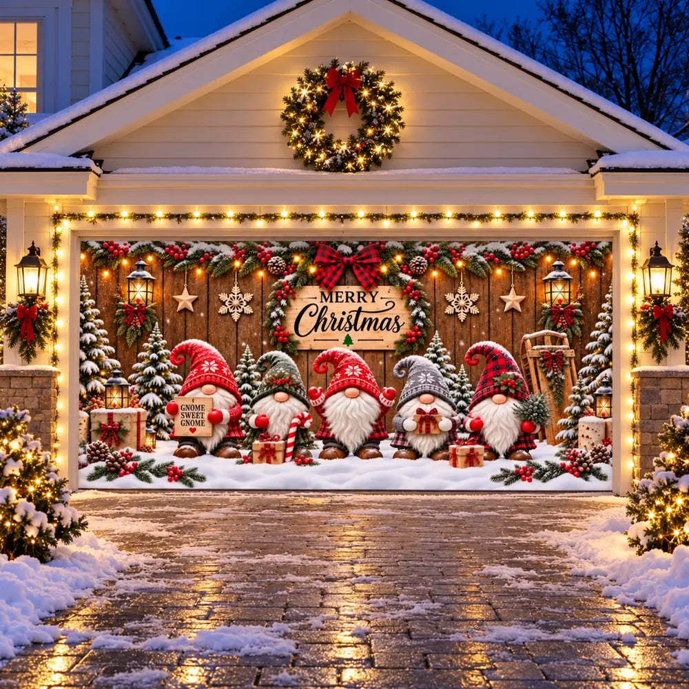 Gnome Sweet Gnome Christmas garage door cover with five gnomes on a double door and optional string lights, evening view.