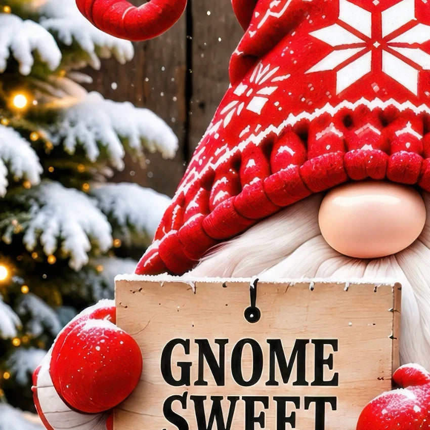 Gnome Sweet Gnome Christmas garage door cover showing Christmas gnomes and festive greenery, artwork detail.