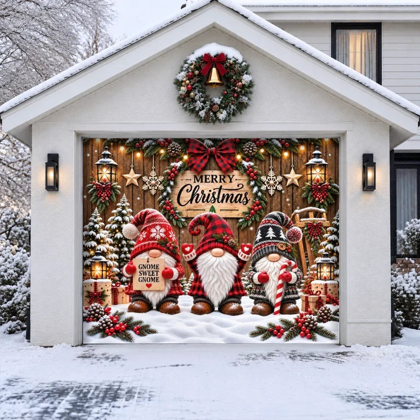 Gnome Sweet Gnome Christmas garage door cover showing Christmas gnomes and festive greenery, single-door view.