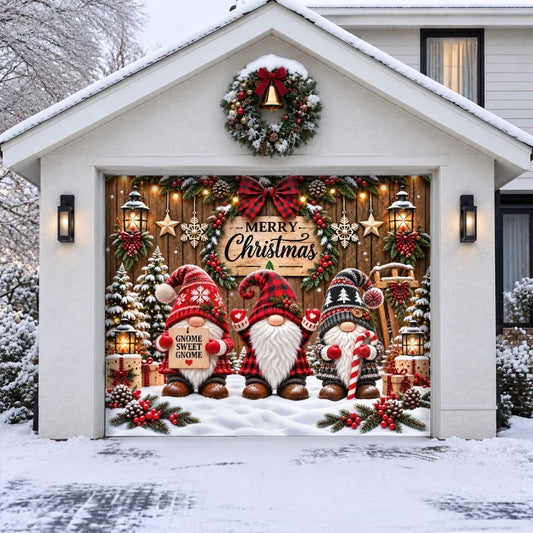 Gnome Sweet Gnome Christmas garage door cover showing Christmas gnomes and festive greenery, single-door view.