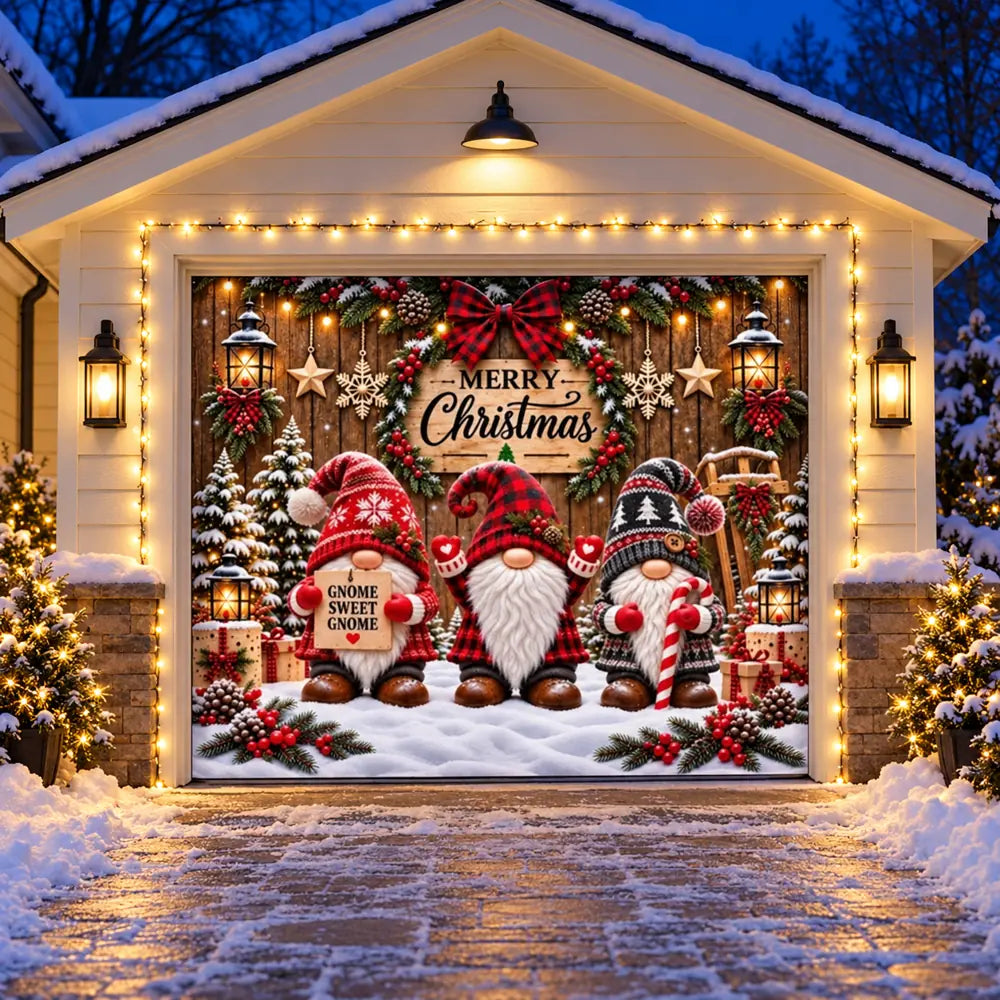 Gnome Sweet Gnome Christmas garage door cover with three gnomes on a single door and optional string lights, evening view.