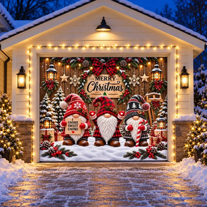 Gnome Sweet Gnome Christmas garage door cover with three gnomes on a single door and optional string lights, evening view.