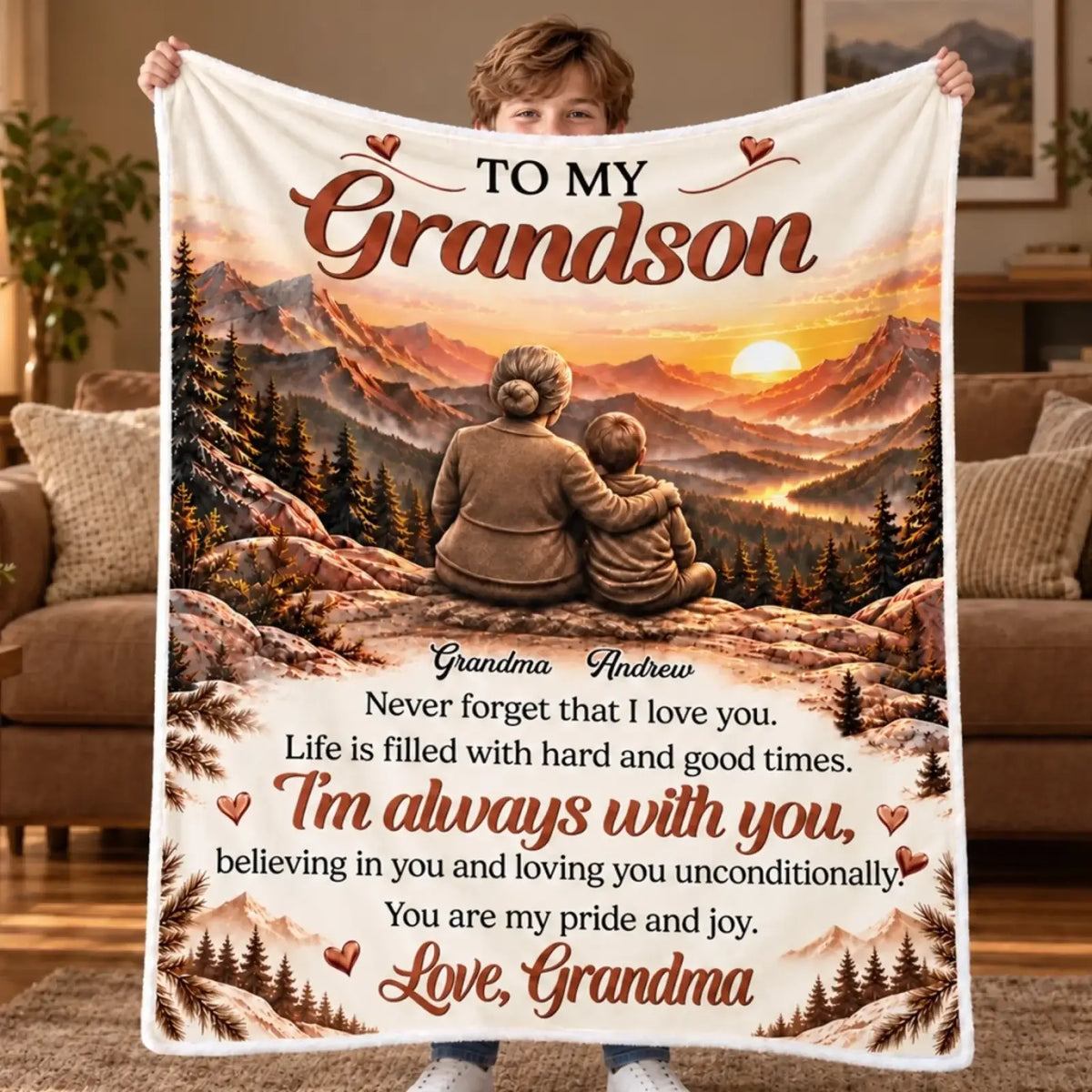 Grandson blanket from Grandma with a mountain sunset and illustrated embrace