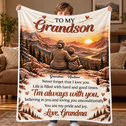 Grandson blanket from Grandma with a mountain sunset and illustrated embrace