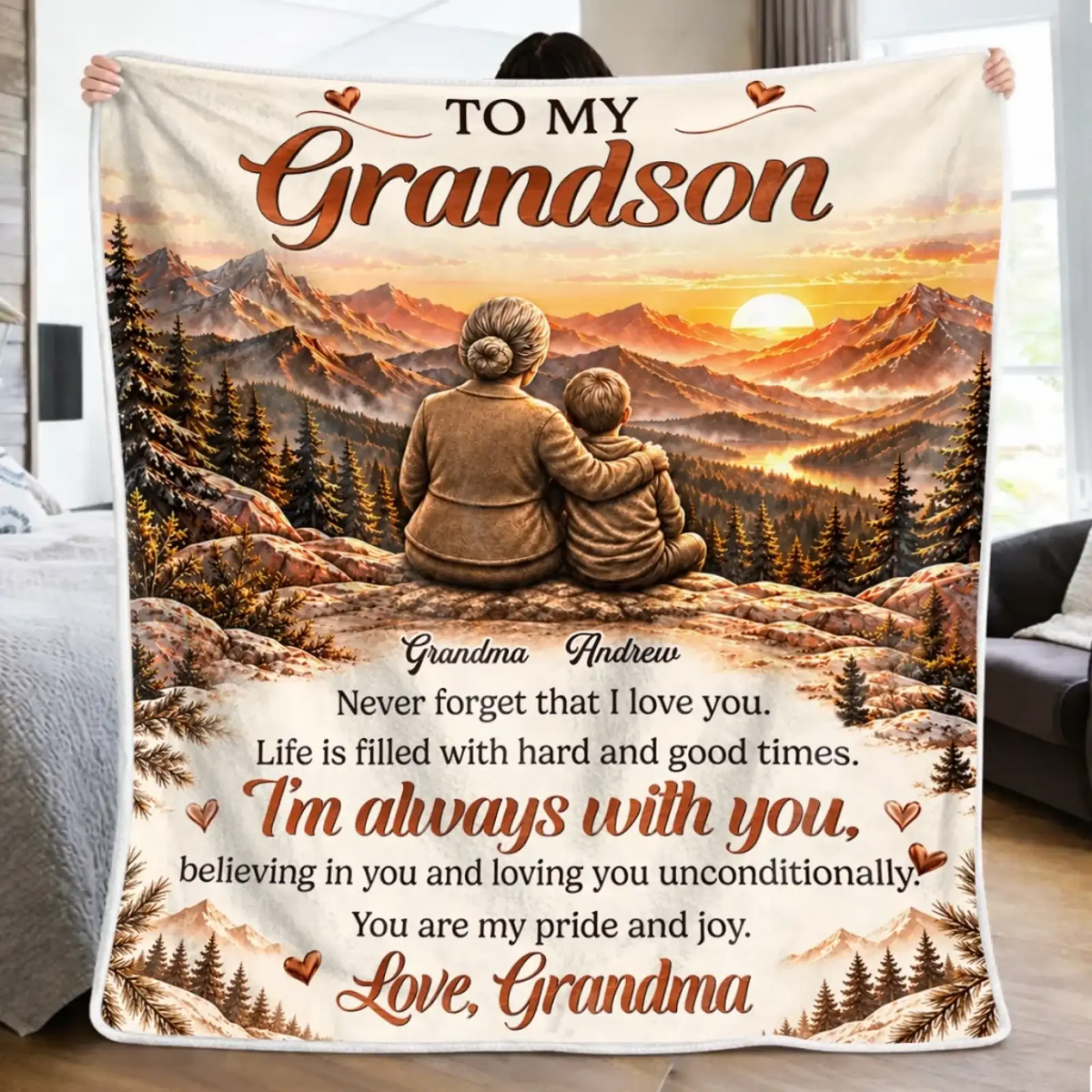 Full front of the personalized grandson blanket showing a message from Grandma