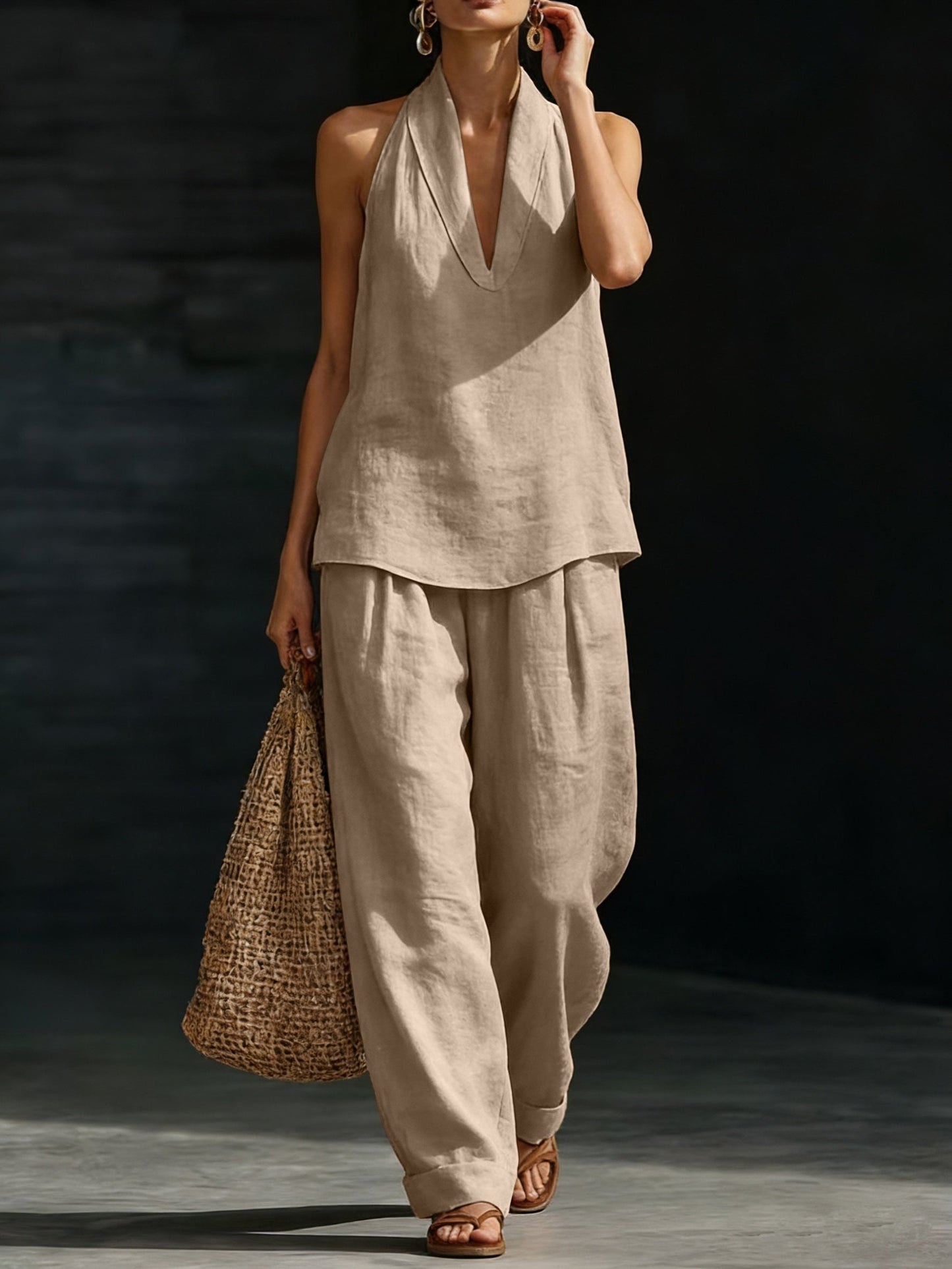 khsyk Women's Two Piece Sets Women's Linen-Look Halter Top & Wide Leg Pants 2pcs Outfit, Sleeveless V Neck Casual Summer Beach Matching Set with Pockets BKUS0324003 Women's Linen-Look Halter Top & Wide Leg Pants 2pcs Outfit, Sleeveless V Neck Casual Summer Beach Matching Set with Pockets BKUS0324003