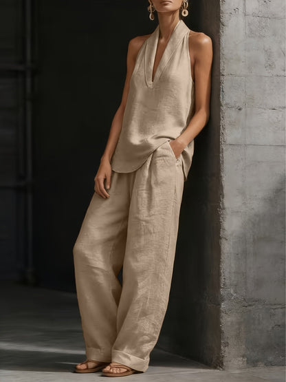 khsyk Women's Two Piece Sets Women's Linen-Look Halter Top & Wide Leg Pants 2pcs Outfit, Sleeveless V Neck Casual Summer Beach Matching Set with Pockets BKUS0324003 Women's Linen-Look Halter Top & Wide Leg Pants 2pcs Outfit, Sleeveless V Neck Casual Summer Beach Matching Set with Pockets BKUS0324003