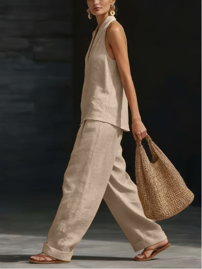 khsyk Women's Two Piece Sets Women's Linen-Look Halter Top & Wide Leg Pants 2pcs Outfit, Sleeveless V Neck Casual Summer Beach Matching Set with Pockets BKUS0324003 Women's Linen-Look Halter Top & Wide Leg Pants 2pcs Outfit, Sleeveless V Neck Casual Summer Beach Matching Set with Pockets BKUS0324003