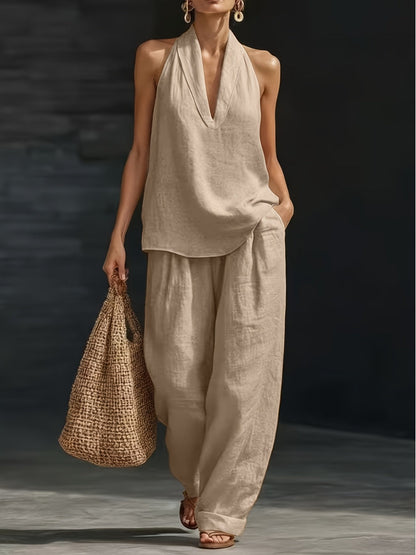 khsyk Women's Two Piece Sets Women's Linen-Look Halter Top & Wide Leg Pants 2pcs Outfit, Sleeveless V Neck Casual Summer Beach Matching Set with Pockets BKUS0324003 Women's Linen-Look Halter Top & Wide Leg Pants 2pcs Outfit, Sleeveless V Neck Casual Summer Beach Matching Set with Pockets BKUS0324003