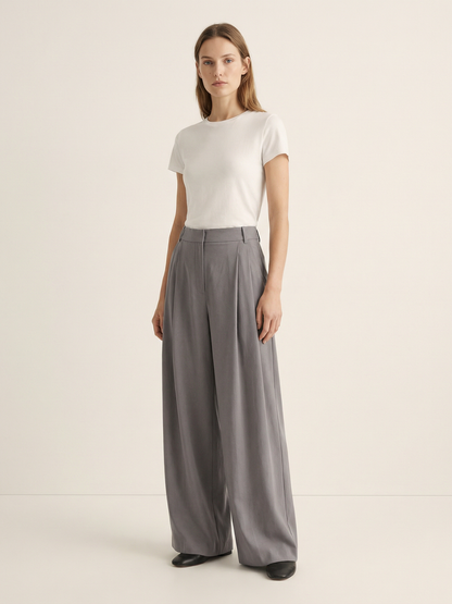 Women's High-Waisted Wide-Leg Trousers with Double Pleat Detail