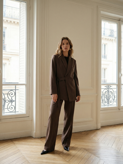 Women's Professional Notched Collar Jacket and Trousers Office Suit in Coffee Brown
