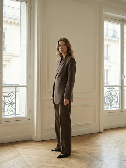 Women's Professional Notched Collar Jacket and Trousers Office Suit in Coffee Brown