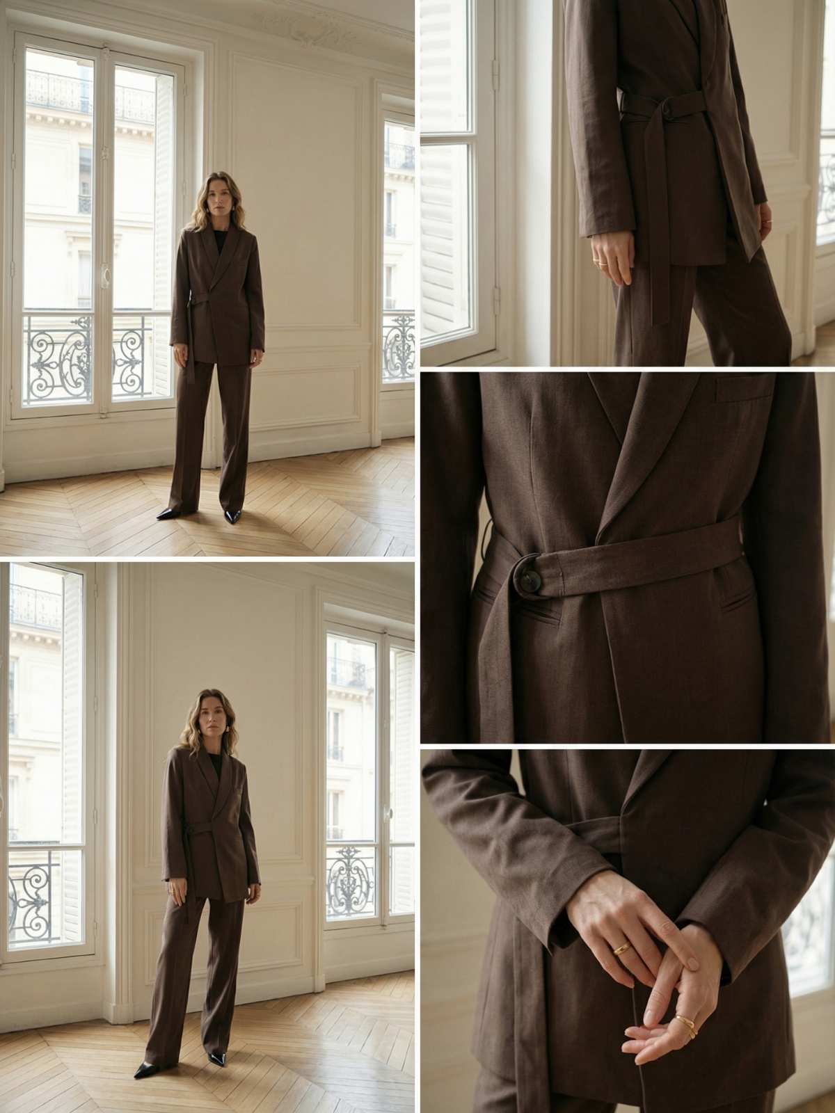 Women's Professional Notched Collar Jacket and Trousers Office Suit in Coffee Brown