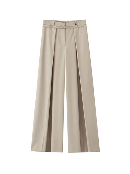 Women's High-Waisted Pleated Wide-Leg Trousers with Belt for Office Wear