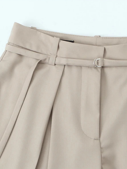 Women's High-Waisted Pleated Wide-Leg Trousers with Belt for Office Wear