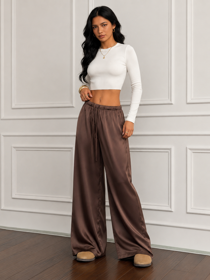 Women's Satin Lounge Pants with Drawstring Waist and Flowy Wide Leg Fit