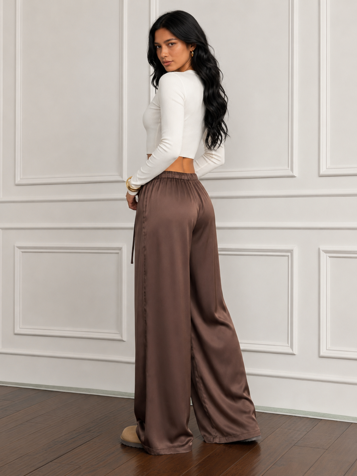 Women's Satin Lounge Pants with Drawstring Waist and Flowy Wide Leg Fit