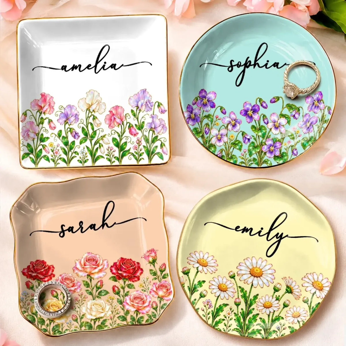 Four garden-flower name jewelry dishes in square, round, scalloped and lace-circle shapes
