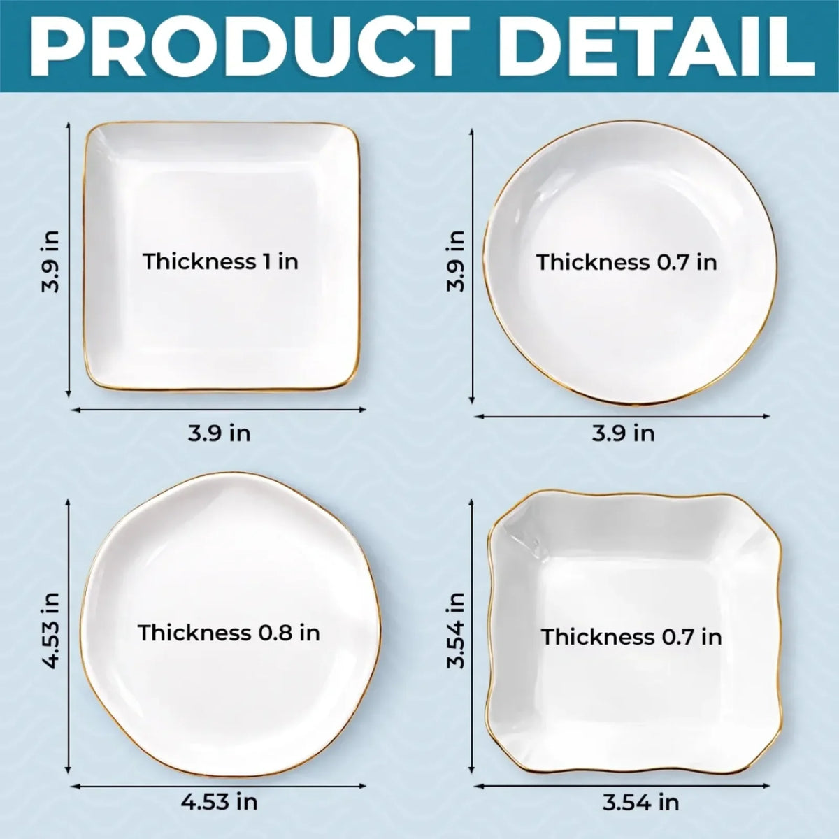 Jewelry dish size chart: round and square 3.9 inches, scalloped 3.54 inches and lace circle 4.53 inches