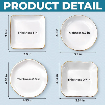 Jewelry dish size chart: round and square 3.9 inches, scalloped 3.54 inches and lace circle 4.53 inches