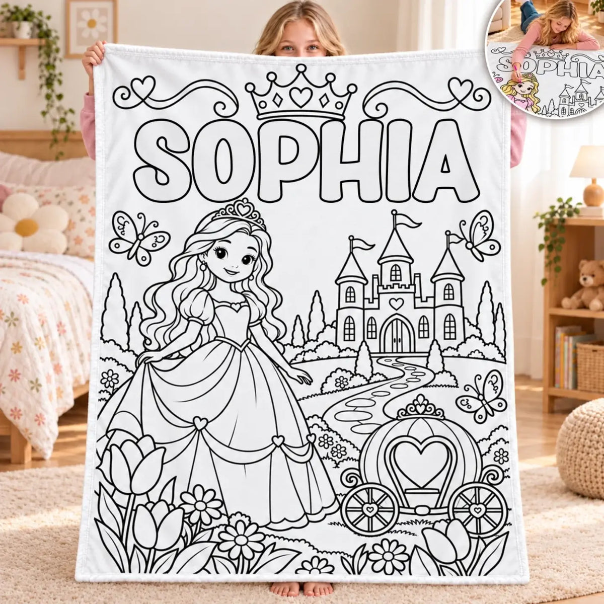 Princess line-art doodle blanket with the name Sophia, a castle, heart-shaped carriage and butterflies