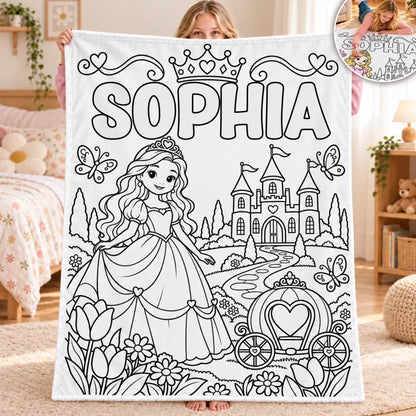 Princess line-art doodle blanket with the name Sophia, a castle, heart-shaped carriage and butterflies
