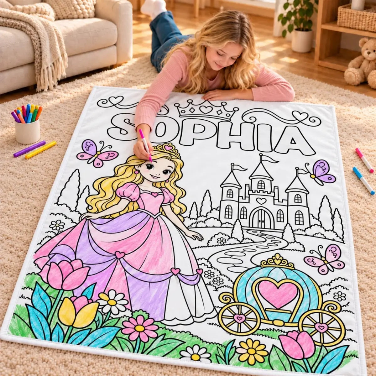 Coloring a personalized princess blanket with a partly colored dress, flowers and carriage