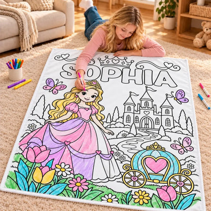 Coloring a personalized princess blanket with a partly colored dress, flowers and carriage