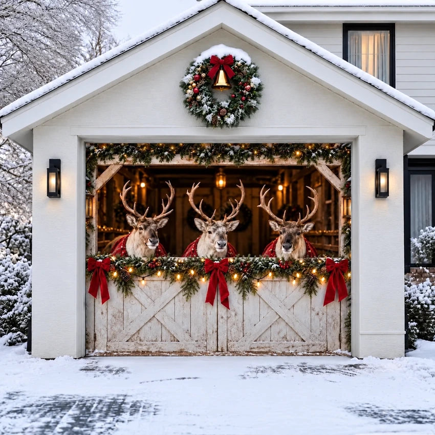 Reindeer Barn Christmas garage door cover showing reindeer in a decorated barn, single-door view.