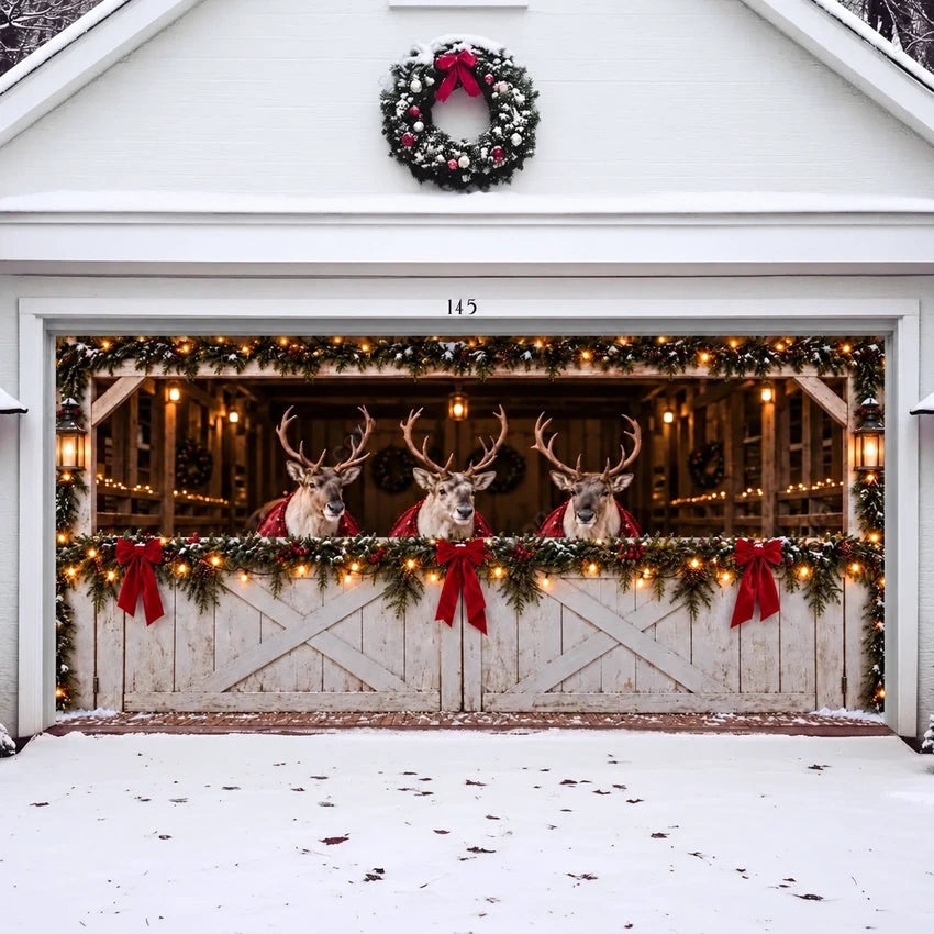 Reindeer Barn Christmas garage door cover showing reindeer in a decorated barn, double-door view.