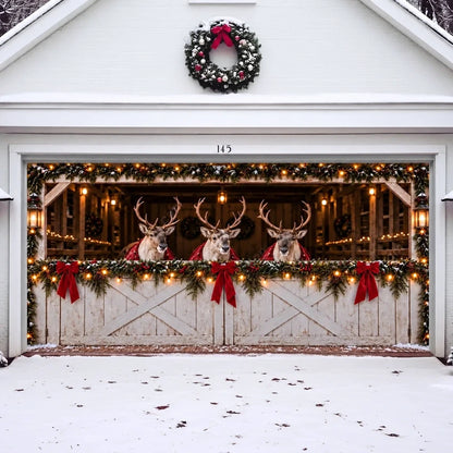 Reindeer Barn Christmas garage door cover showing reindeer in a decorated barn, double-door view.