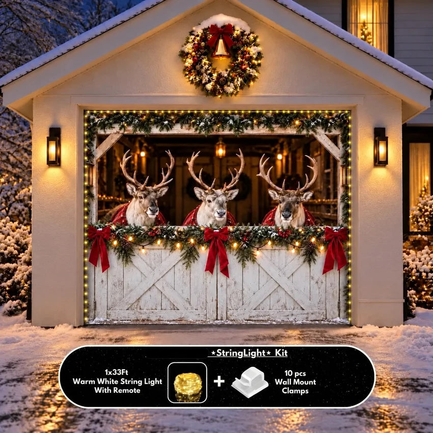 Reindeer Barn Christmas garage door cover showing reindeer in a decorated barn, single-door view with optional string lights.
