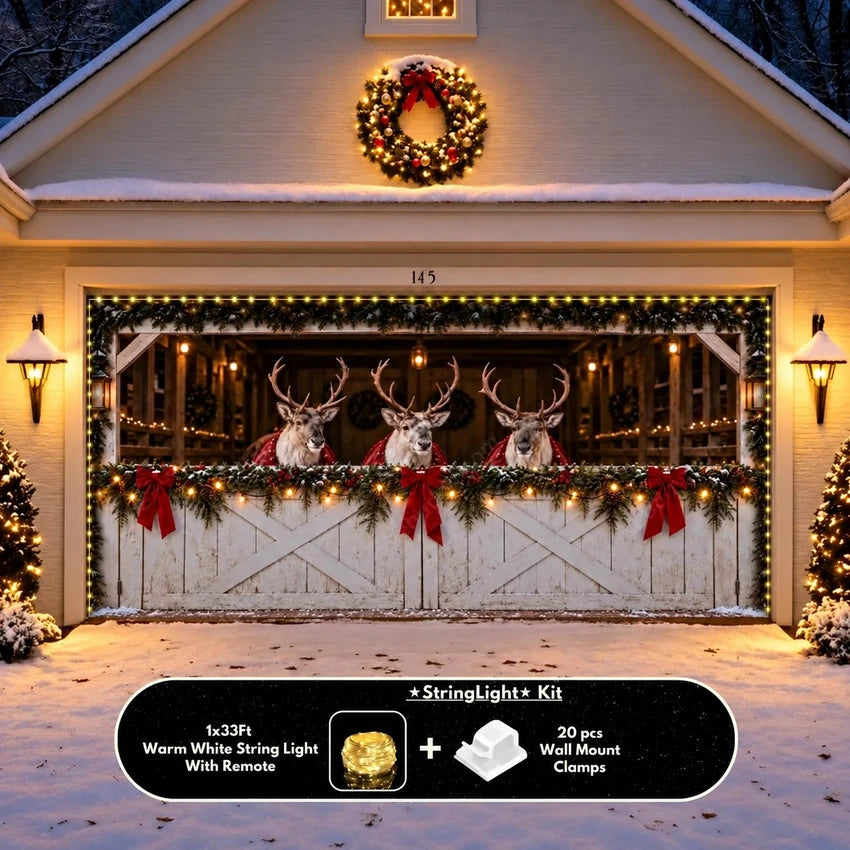 Reindeer Barn Christmas garage door cover showing reindeer in a decorated barn, double-door view with optional string lights.