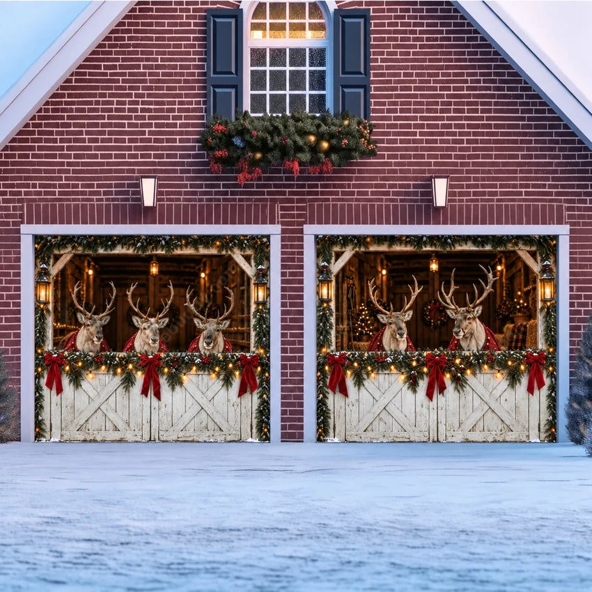 Reindeer Barn Christmas garage door cover showing reindeer in a decorated barn, two-door layout.