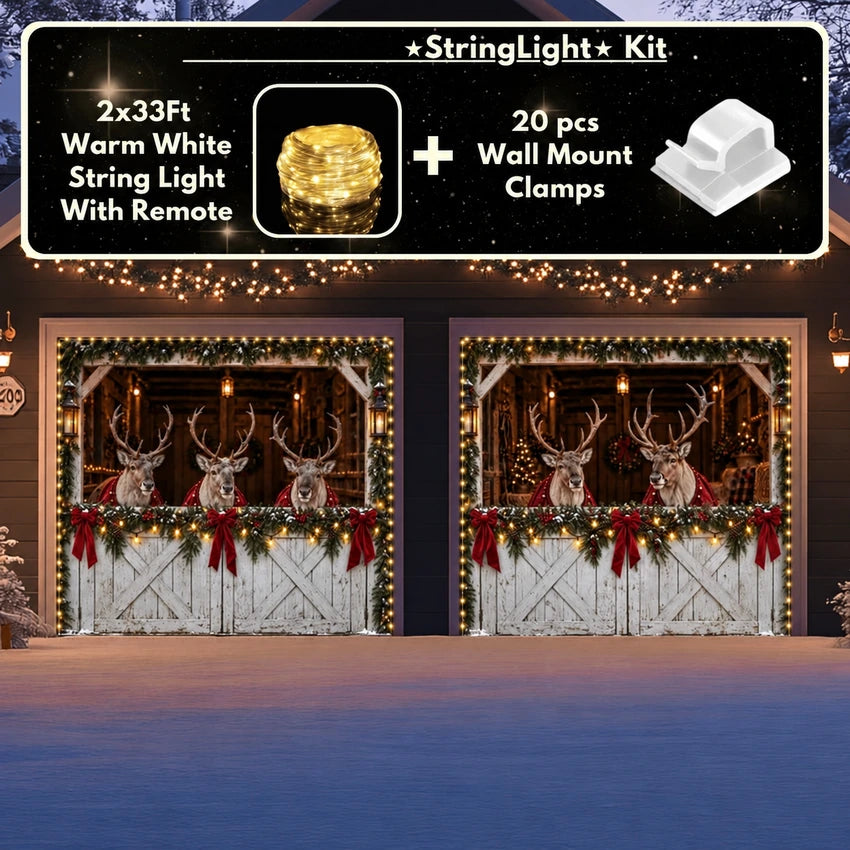 Reindeer Barn Christmas garage door cover showing reindeer in a decorated barn, two-door layout with optional string lights.