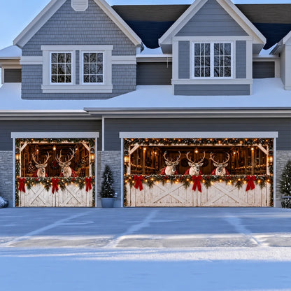 Reindeer Barn Christmas garage door cover showing reindeer in a decorated barn, double-plus-single layout.