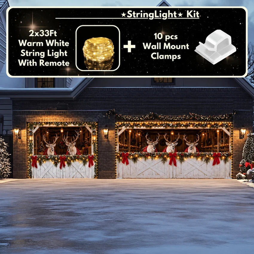 Reindeer Barn Christmas garage door cover showing reindeer in a decorated barn, double-plus-single layout with optional string lights.
