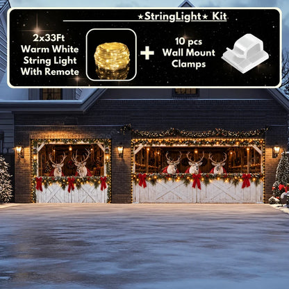 Reindeer Barn Christmas garage door cover showing reindeer in a decorated barn, double-plus-single layout with optional string lights.