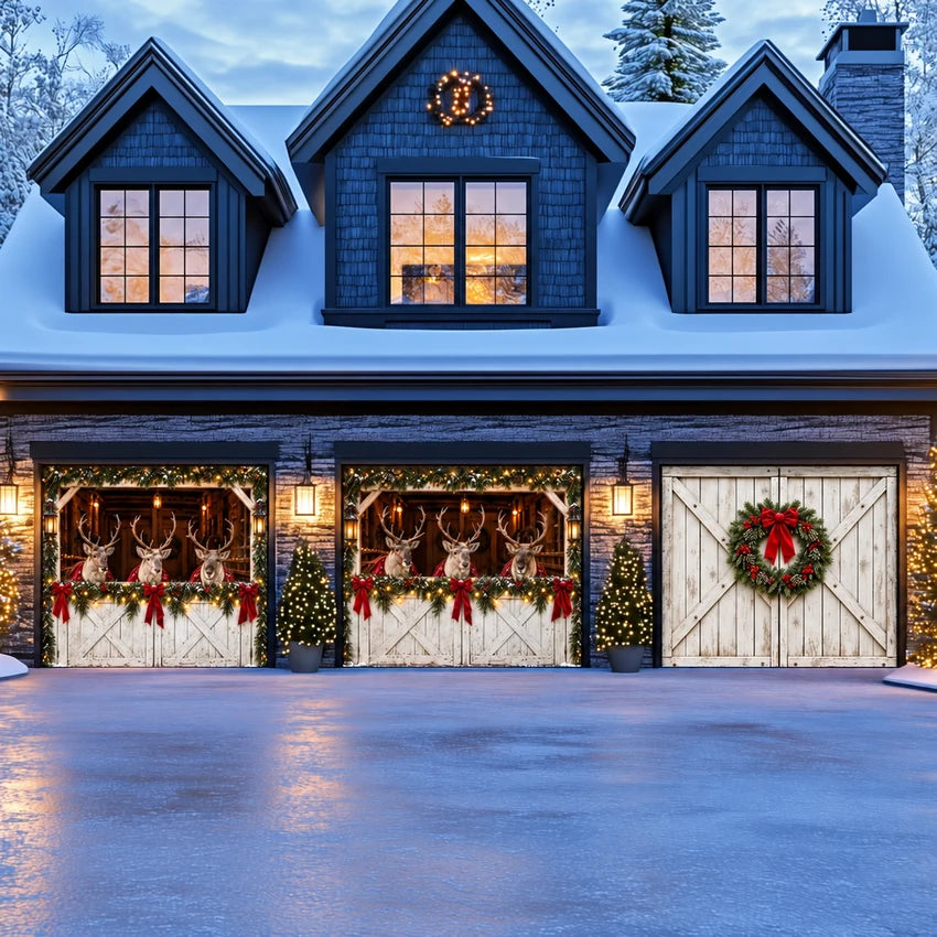 Reindeer Barn Christmas garage door cover showing reindeer in a decorated barn, three-door layout.