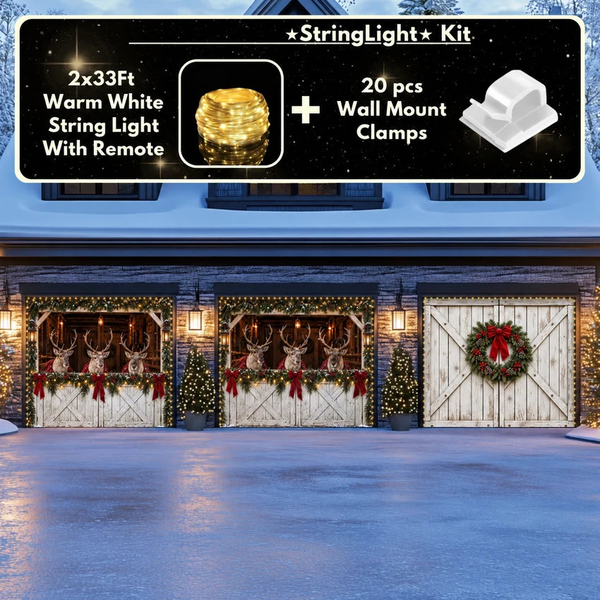 Reindeer Barn Christmas garage door cover showing reindeer in a decorated barn, three-door layout with optional string lights.