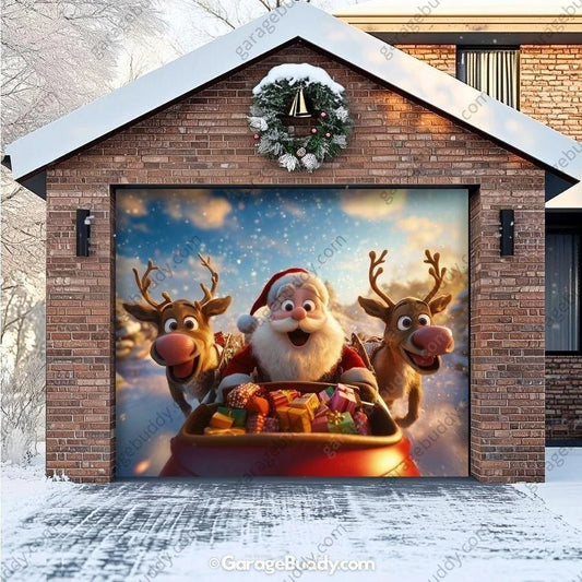 Santa & Reindeers Christmas garage door cover shown on a single garage door