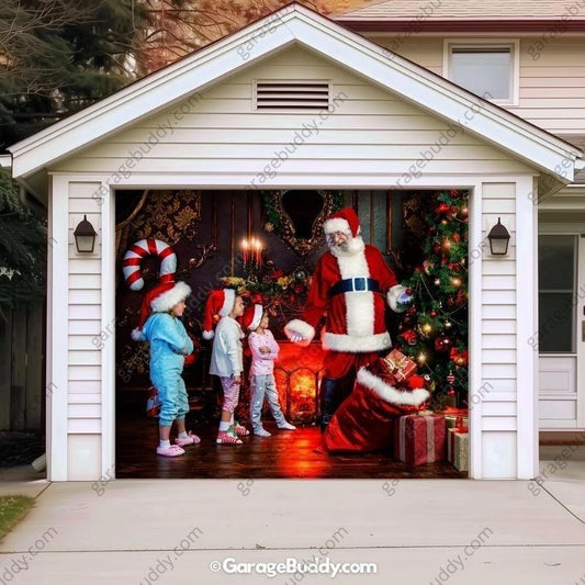 Santa With Kids Christmas garage door cover shown on a single garage door