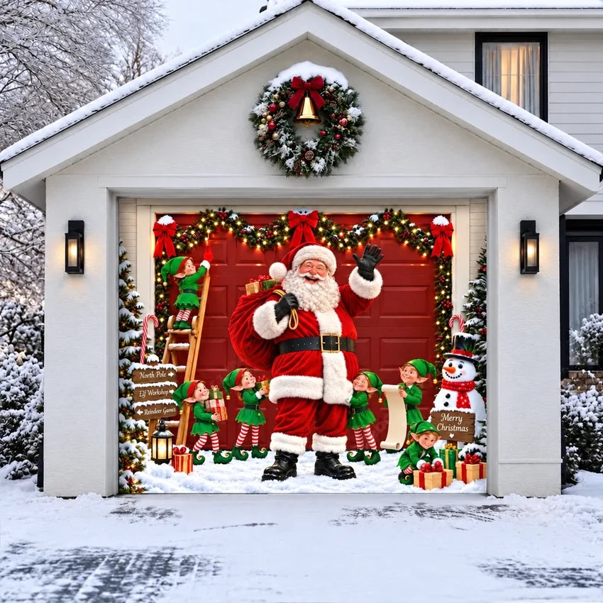 Santa's Crew Christmas garage door cover shown on a single garage door